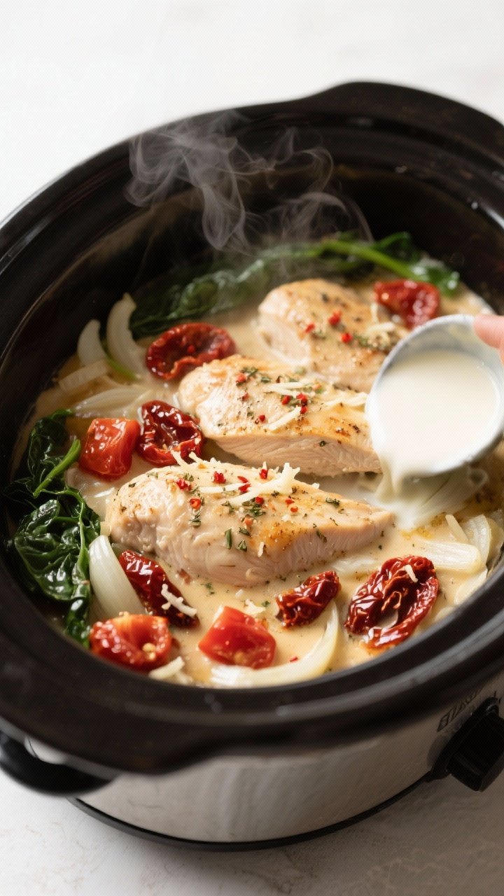 Cooking process close-up: Crockpot filled with tender, seasoned chicken breasts nestled over softene