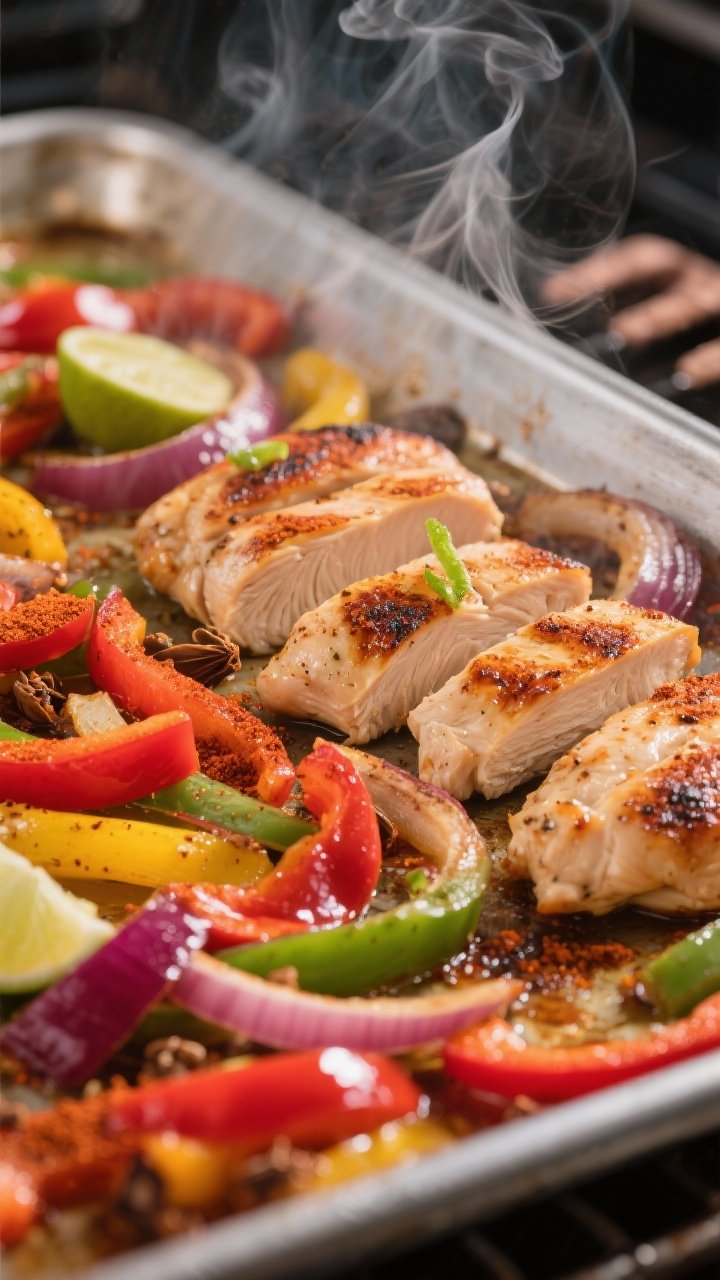Cooking process, close-up detail: Close-up of sizzling sheet pan fajita chicken and vegetables fresh