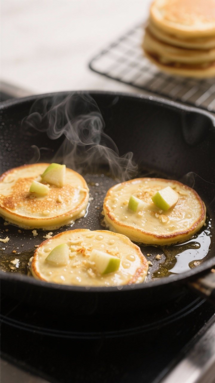 Cooking process, close-up detail: Golden apple pancakes mid-cook on a matte black nonstick skillet o