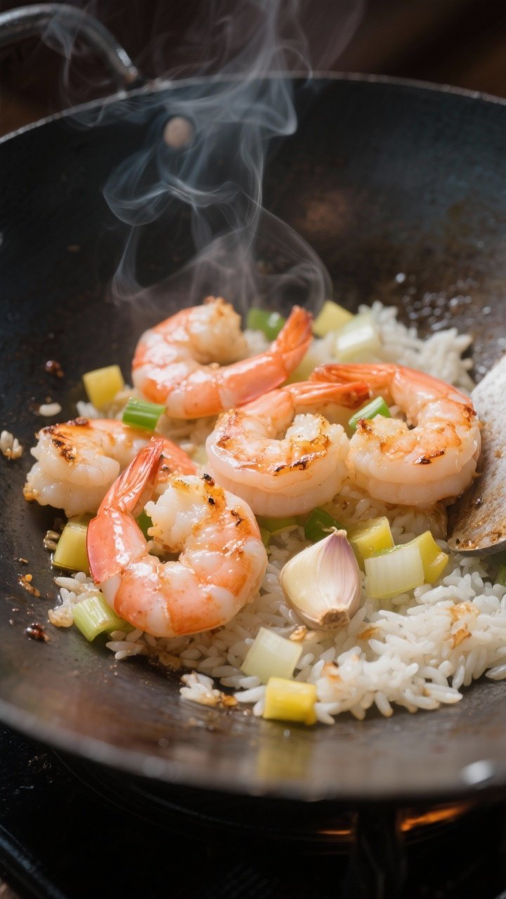 Cooking process, close-up detail: Shrimp searing in a large wok over high heat, just-cooked opaque p