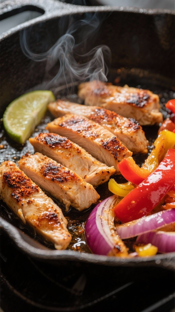 Cooking process, close-up detail: Sizzling chicken fajita strips in a hot cast-iron skillet, deeply 