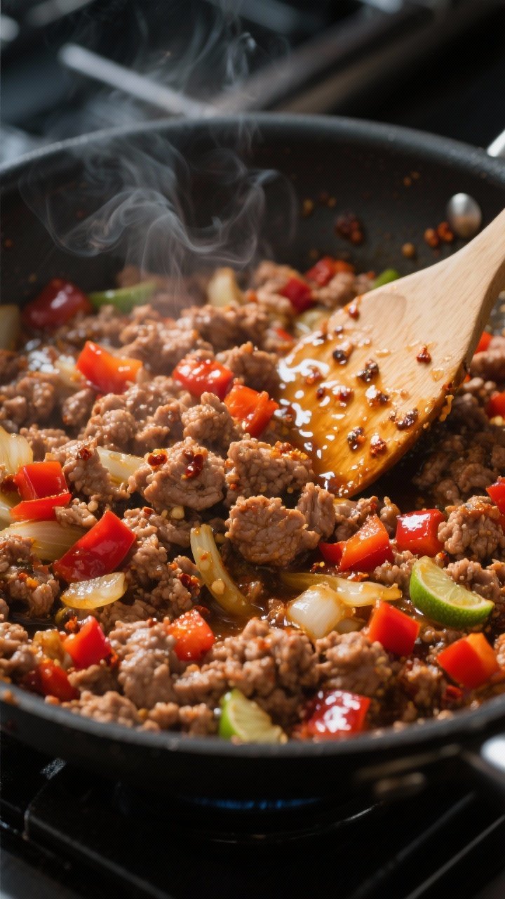 Cooking process, close-up detail: Sizzling spicy ground turkey in a large skillet, browned and sligh