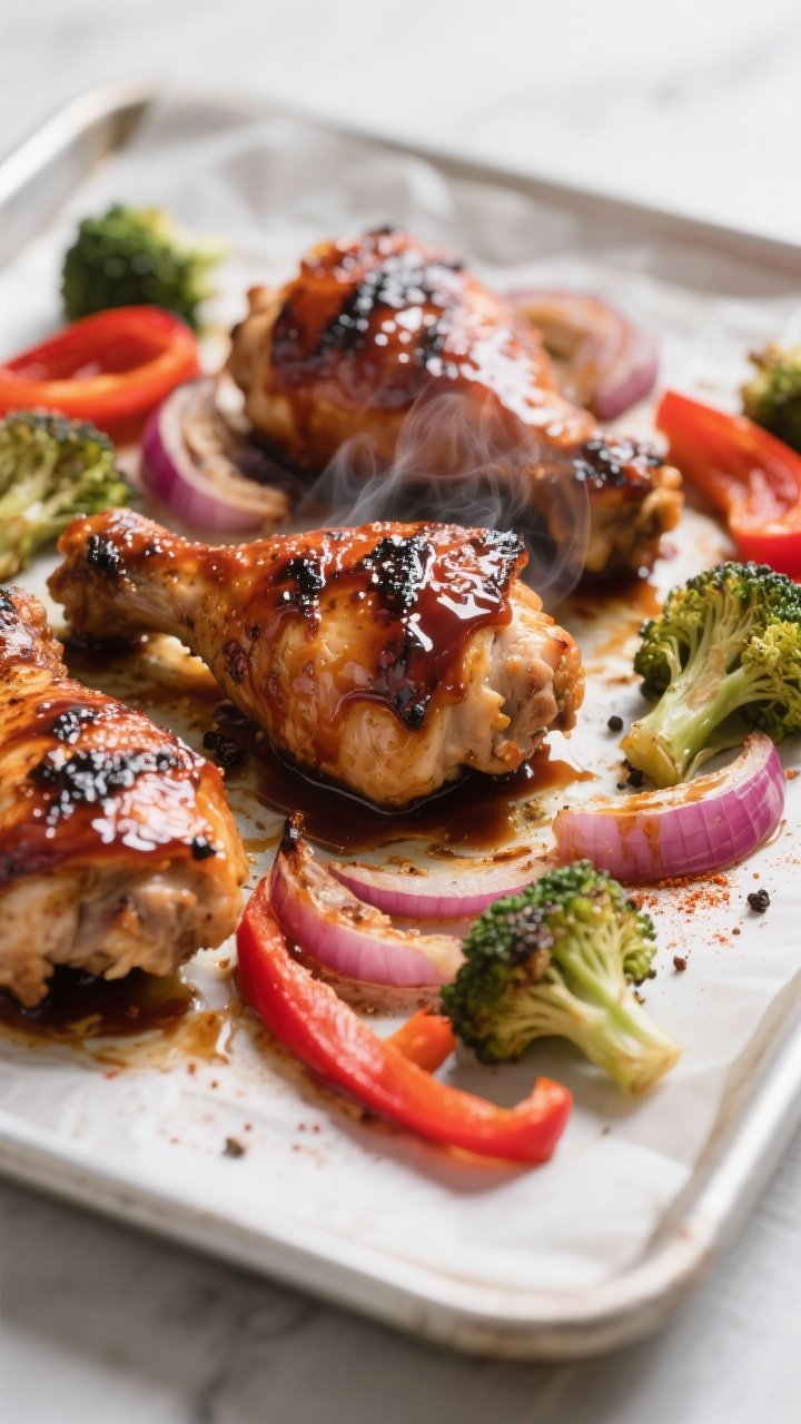 Cooking process, close-up: Glazed BBQ chicken thighs on a parchment-lined sheet pan just after the 2