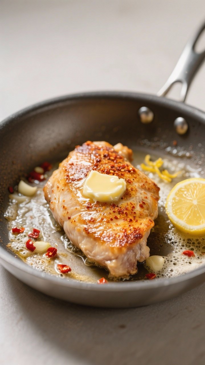Cooking process close-up: Searing boneless skinless chicken thighs in a stainless or cast-iron skill