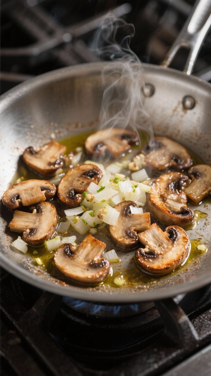 Cooking process close-up: Searing sliced cremini/baby bella mushrooms in a wide stainless skillet un