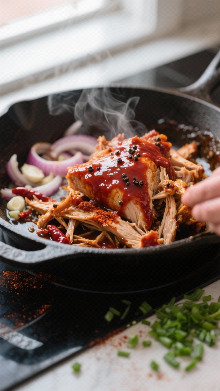 Cooking process, close-up: Shallow depth-of-field macro of saucy BBQ pulled chicken being shredded i