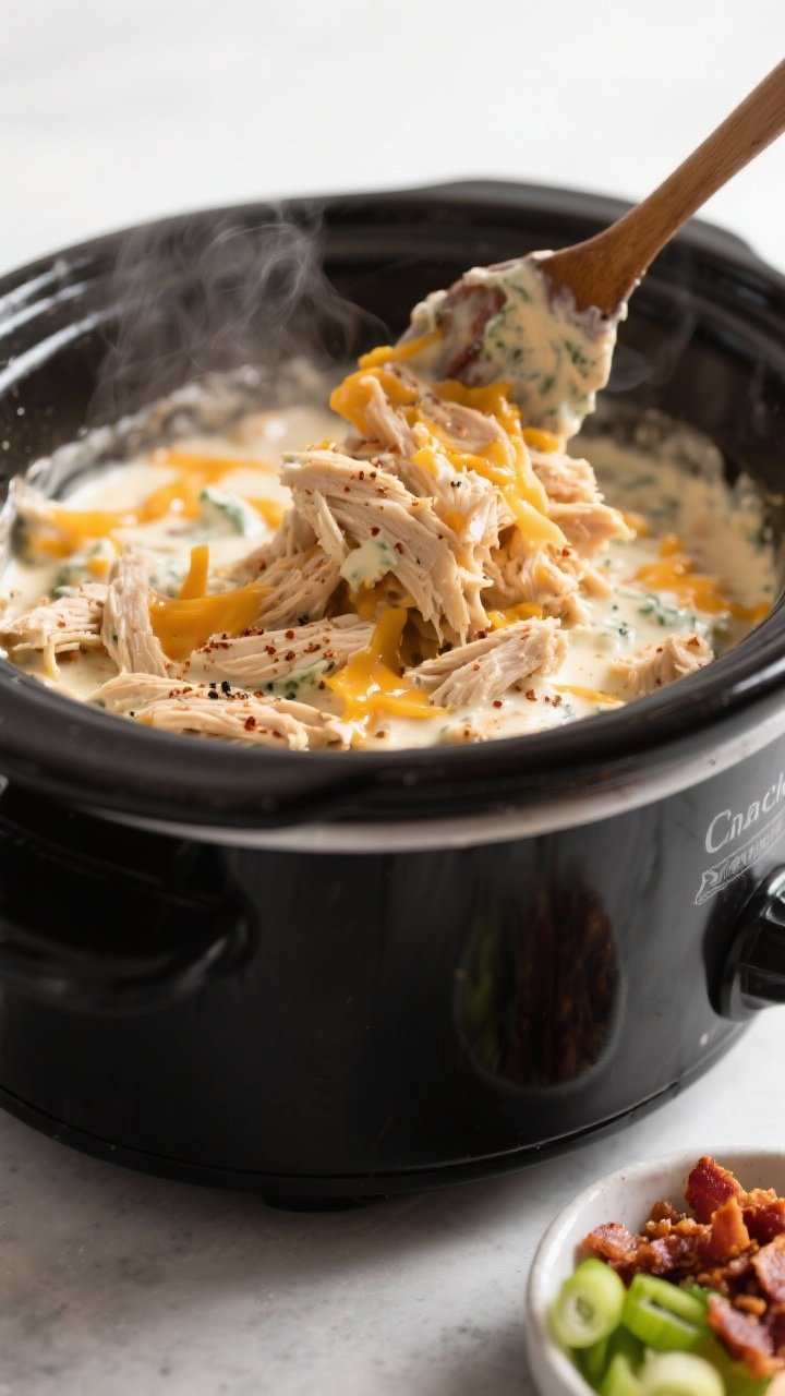 Cooking process close-up: Shredded crack chicken being stirred back into a creamy sauce inside a mat