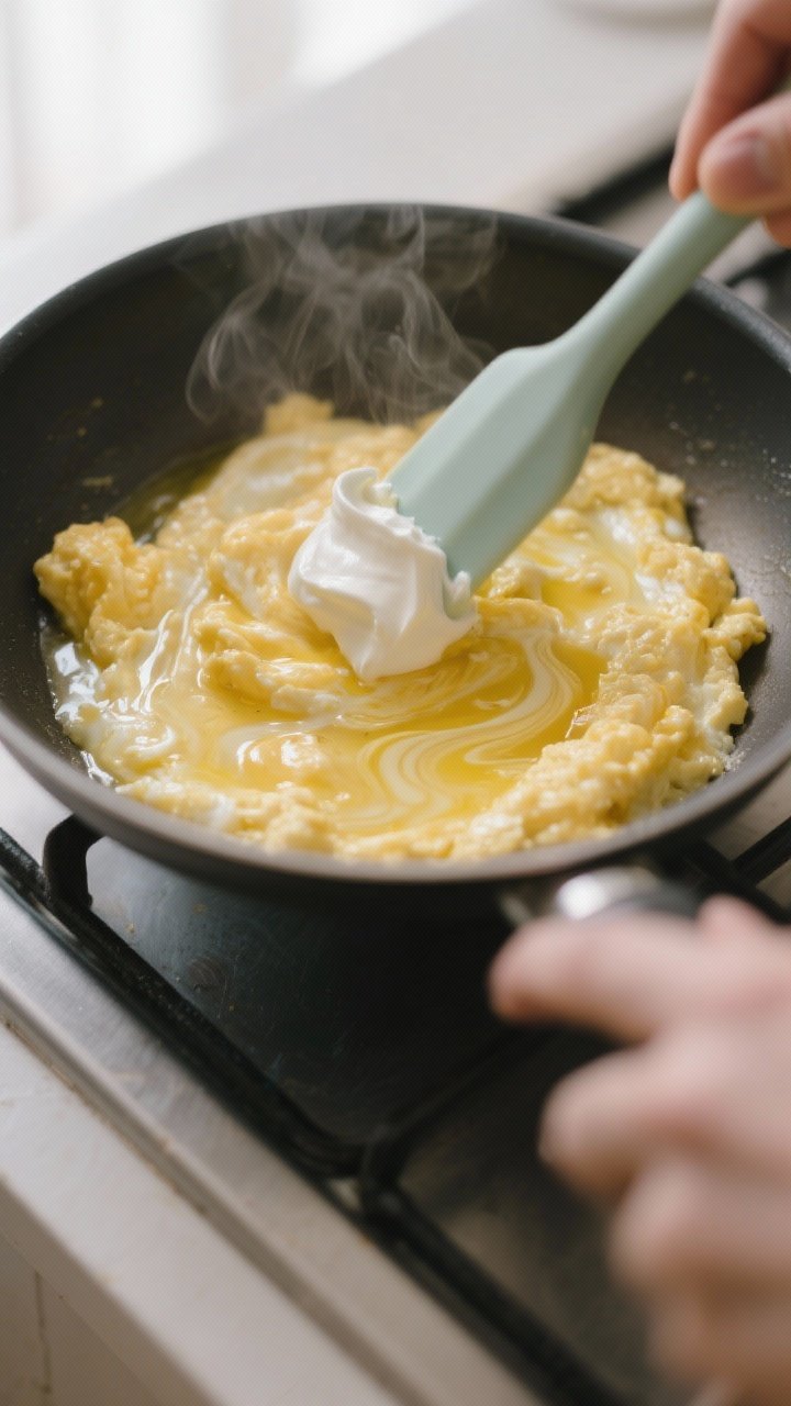 Cooking process close-up: Silky French-style scrambled eggs mid-cook in a small nonstick skillet ove