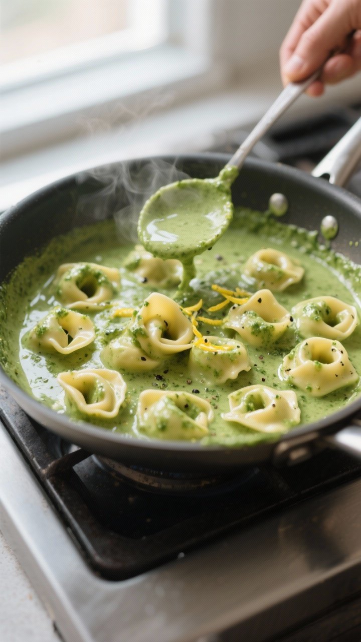 Cooking process, close-up: Silky pesto-cream sauce in a wide stainless skillet on low heat, cheese t