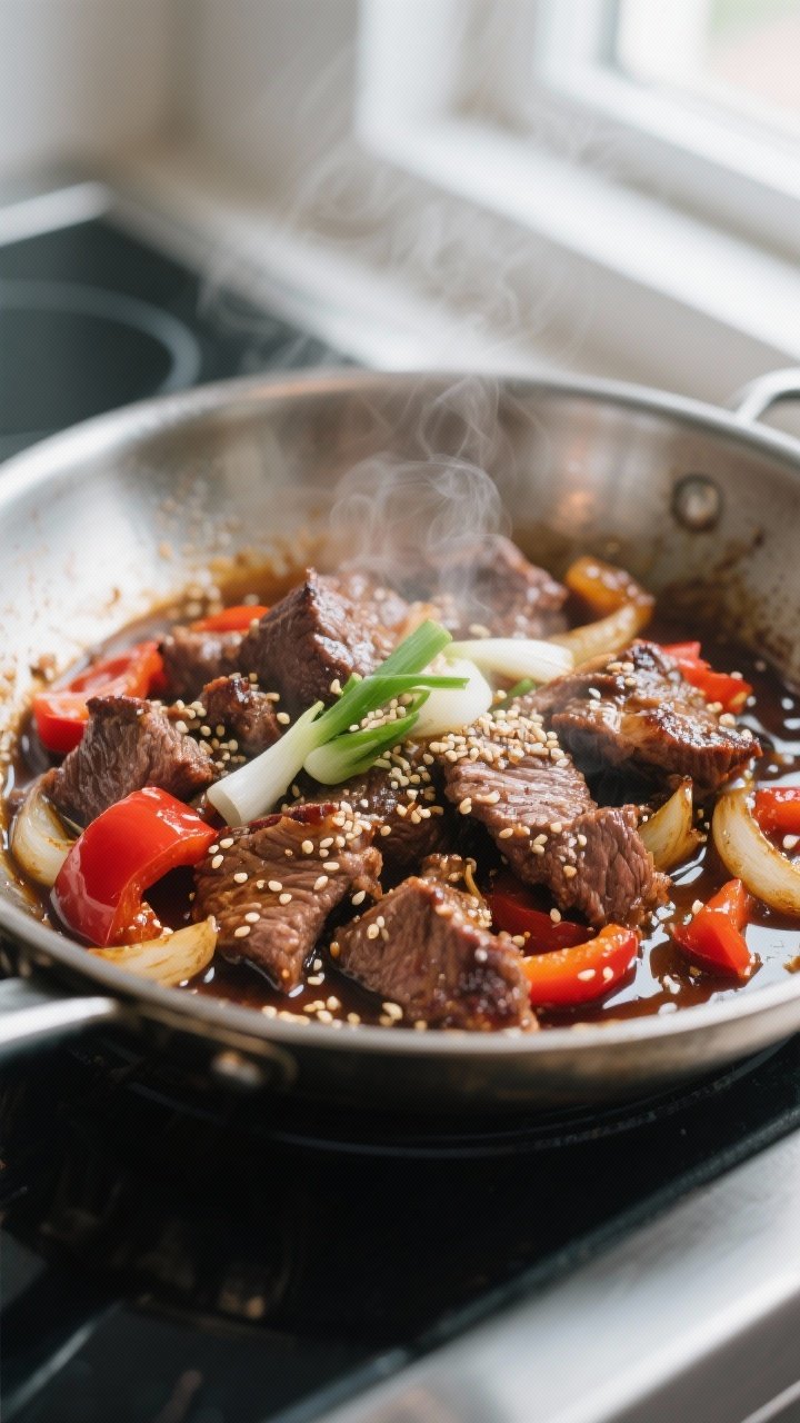 Cooking process close-up: Sizzling sesame-soy-ginger beef in a wide stainless skillet, medium-high h
