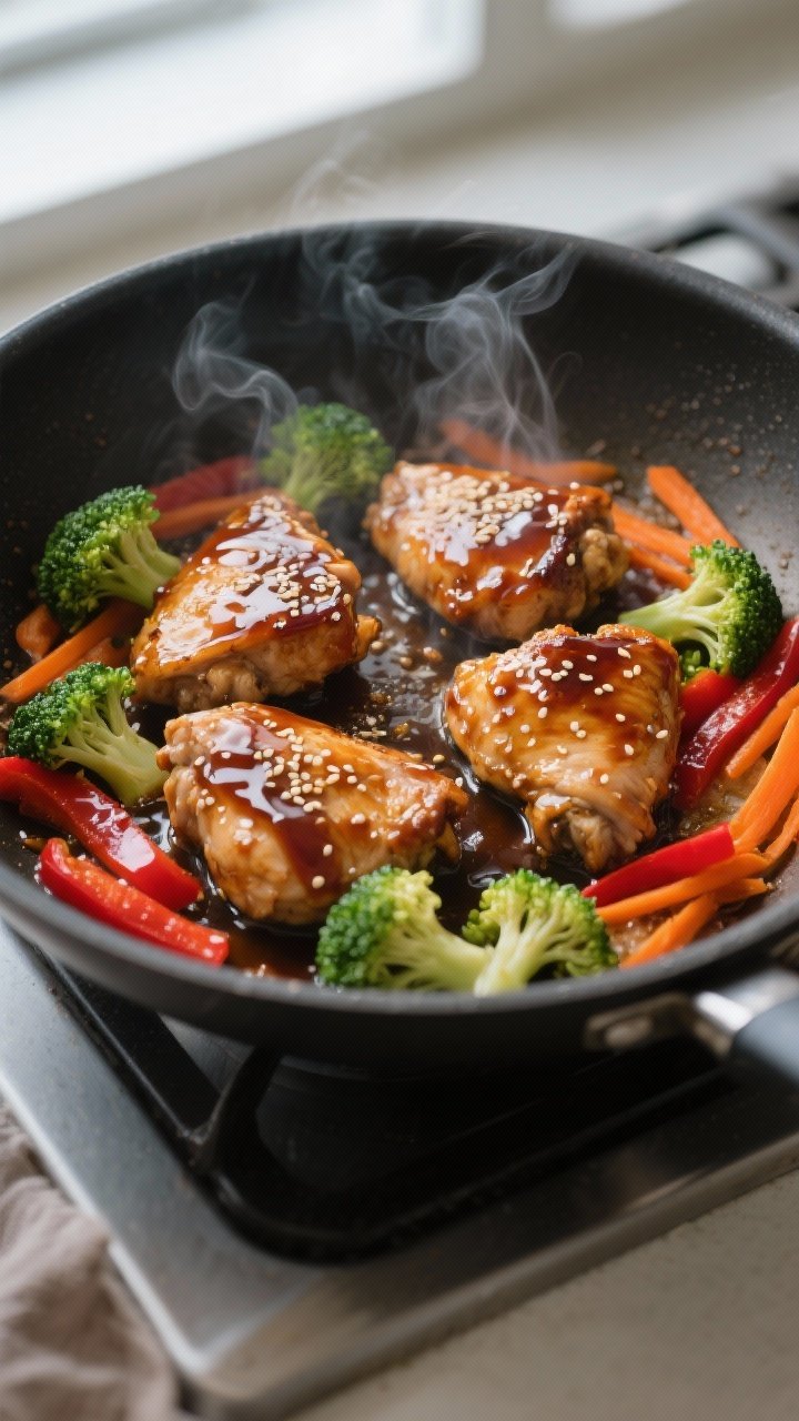 Cooking process close-up: Sizzling teriyaki chicken thigh pieces in a large skillet, mid-simmer as t