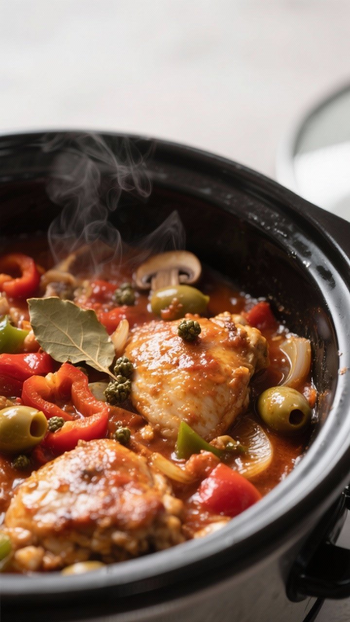 Cooking process close-up: Slow cooker bubbling Chicken Cacciatore mid-cook, tender bone-in chicken t