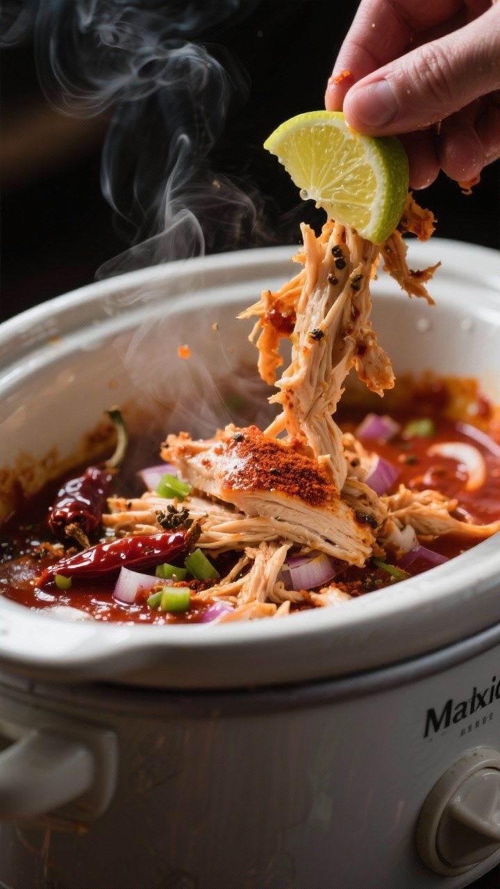 Cooking process close-up: Tender shredded Mexican chicken being tossed back into a slow cooker with 