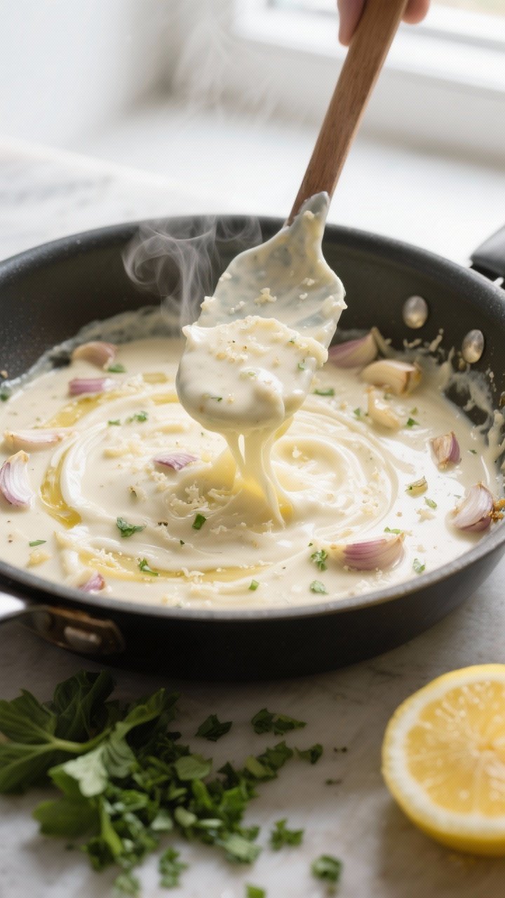 Cooking process: Creamy garlic-Parmesan sauce being finished in a stainless skillet—silky, off-whi