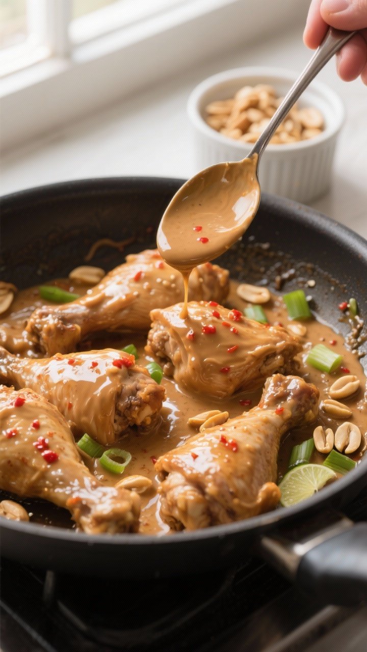 Cooking process/glaze moment: Thighs being tossed back in the skillet and coated in thick Thai-inspi