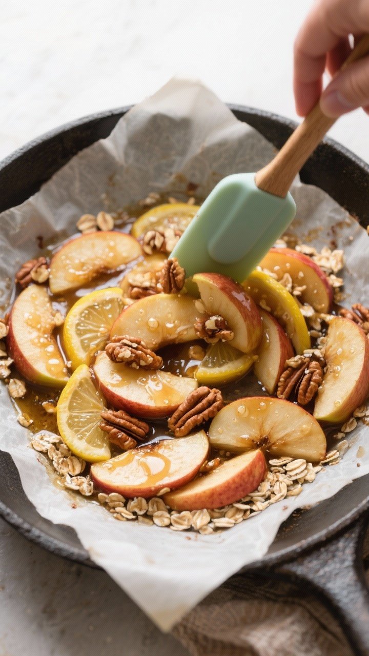 Cooking process: Healthy Baked Cinnamon Apples mid-bake in a parchment-lined skillet, overhead shot