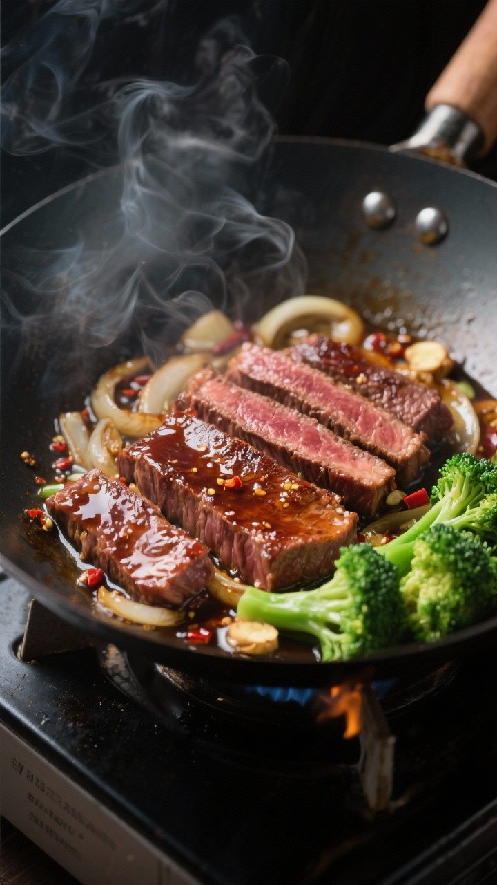 Cooking process — High-heat sear: Thin slices of seared flank steak in a sizzling wok under blazin