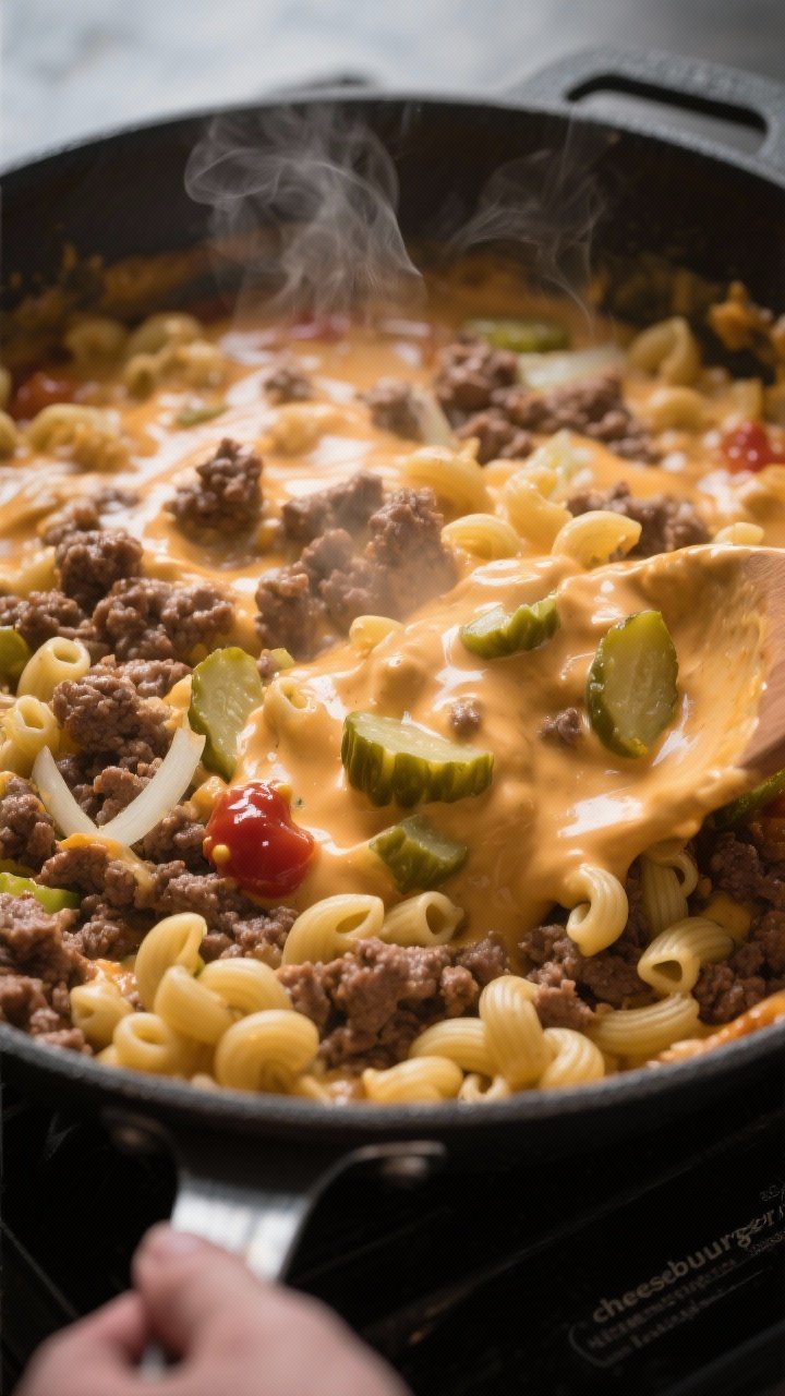 Cooking process: In-pan shot of the creamy “cheeseburger” sauce stage in a large oven-safe skill