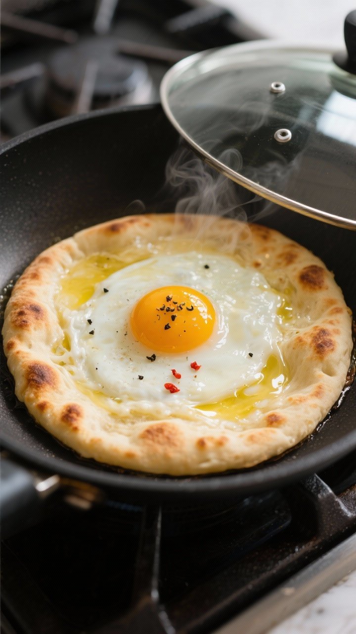 Cooking process: Medium skillet on stovetop with an 8–9 inch naan crisping golden-brown, flipped s