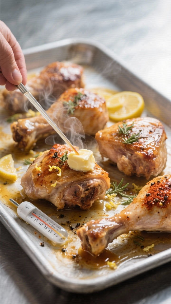 Cooking process: Mid-bake baste moment on a sheet pan—thighs flipped and glistening as the remaini