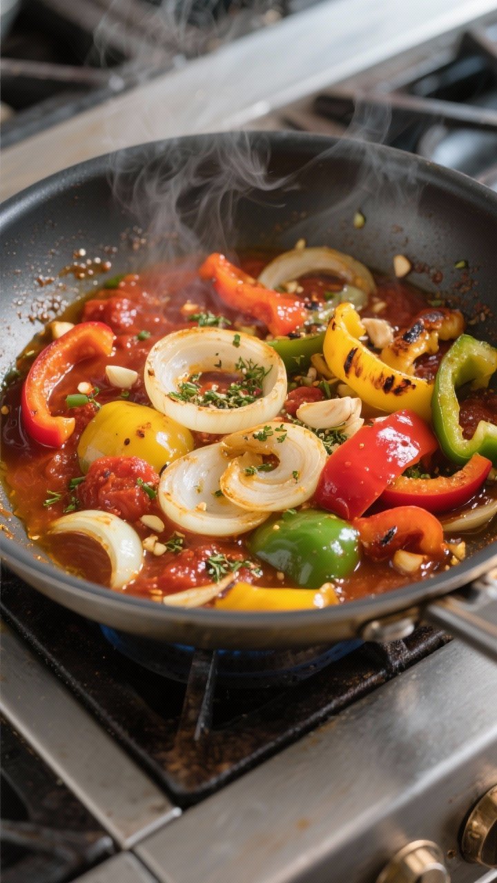 Cooking process: Onions and tri-color bell peppers (red, yellow, green) sautéing in the same skille