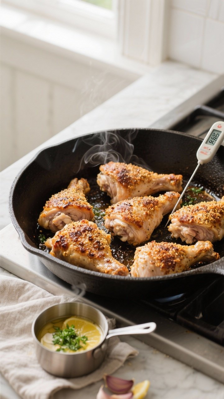 Cooking process: Oven-safe skillet scene with six crusted, skin-on chicken thighs just out of the ov