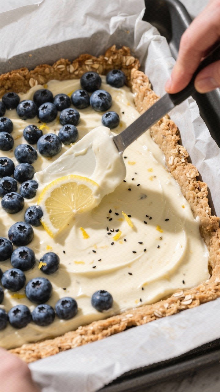 Cooking process: Overhead shot during assembly—par-baked oat-almond crust in the pan with an even
