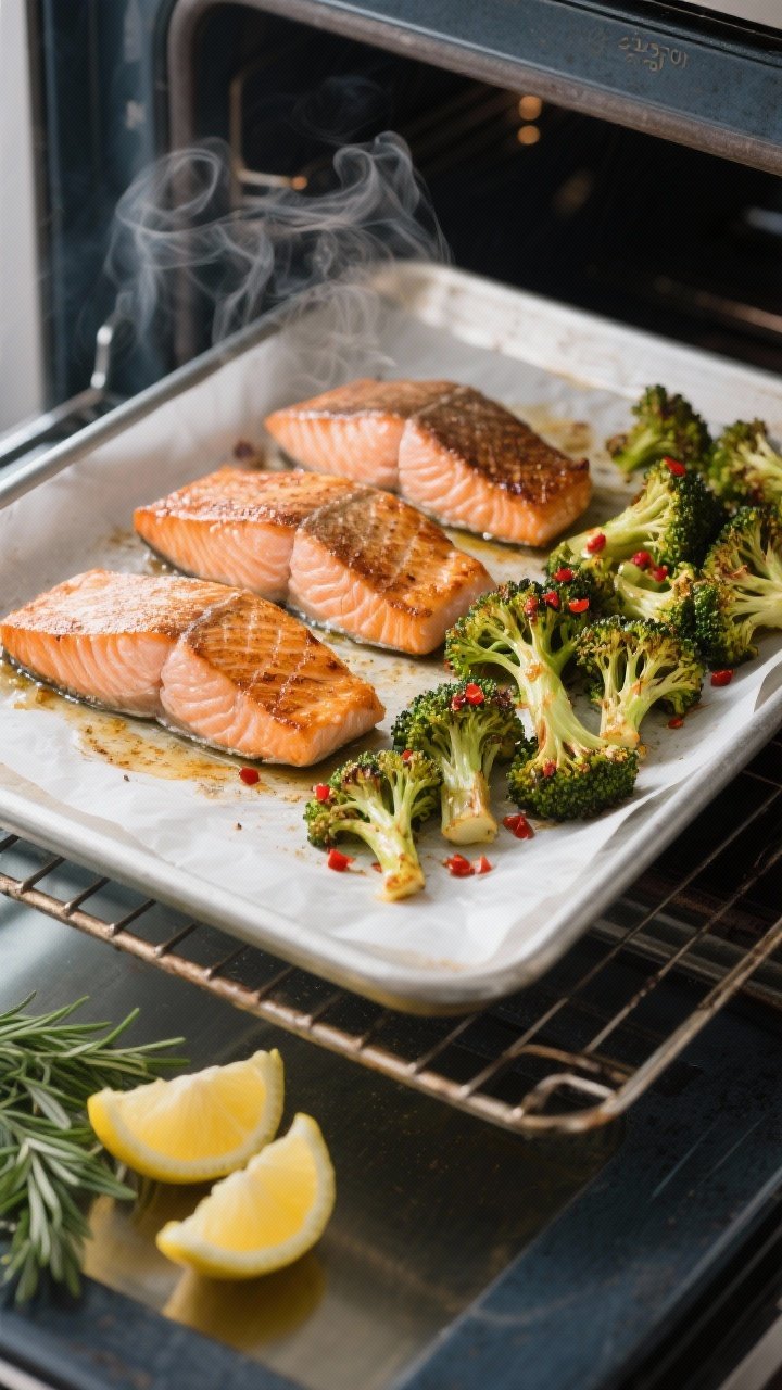 Cooking process: Overhead shot of a half-and-half sheet pan at 425°F coming out of the oven—salmo