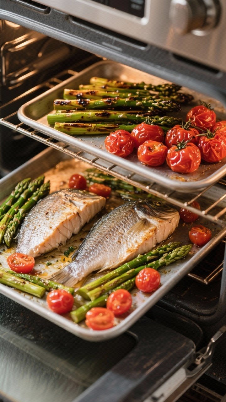 Cooking process: Overhead shot of a hot sheet pan in the oven with tilapia fillets on the middle rac