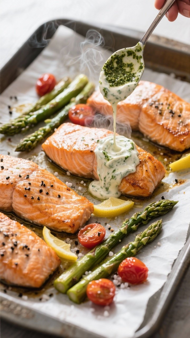 Cooking process: Overhead shot of a just-roasted one-pan scene at 425°F—four skin-on salmon fille