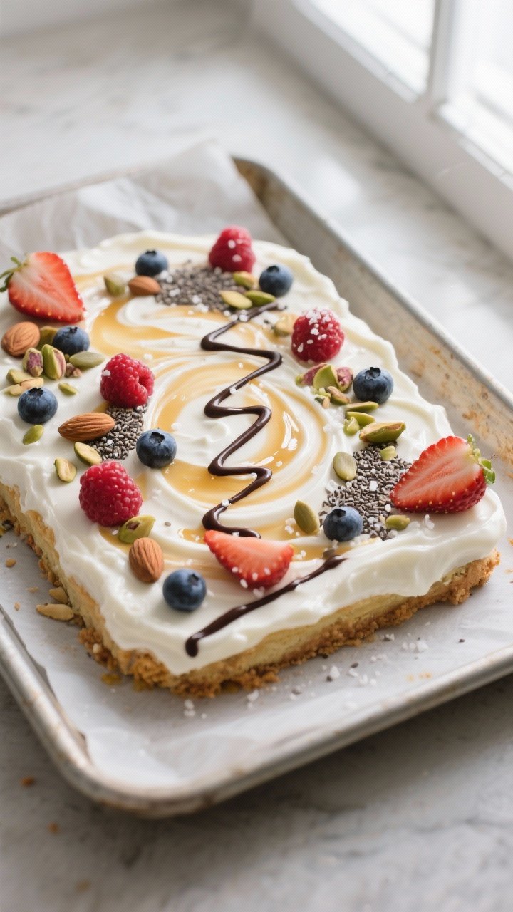 Cooking process — Overhead shot of a rimmed baking sheet lined with parchment, freshly spread Gree