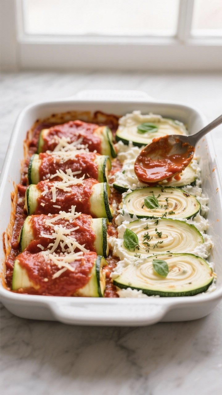 Cooking process: Overhead shot of assembled zucchini roll-ups nestled seam-side down in a 9x13 bakin