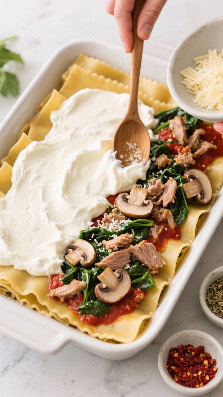 Cooking process: Overhead shot of lasagna assembly mid-layer in a 9x13 baking dish—no-boil noodles