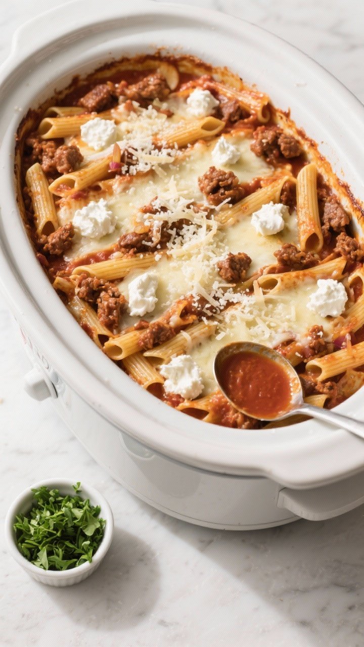 Cooking process: Overhead shot of layered baked ziti in the slow cooker just before the final cheesy
