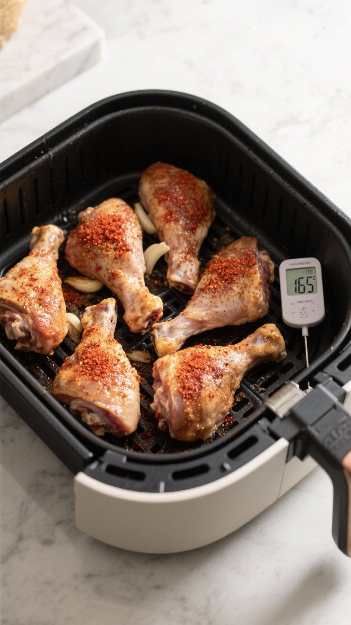 Cooking process: Overhead shot of seasoned thighs arranged in a single layer in an air fryer basket 