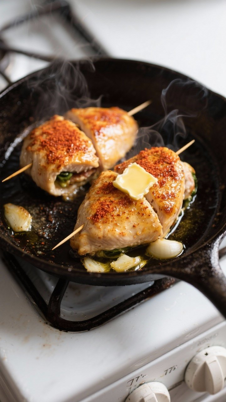 Cooking process: Overhead shot of stuffed chicken breasts searing in an oven-safe cast-iron skillet,