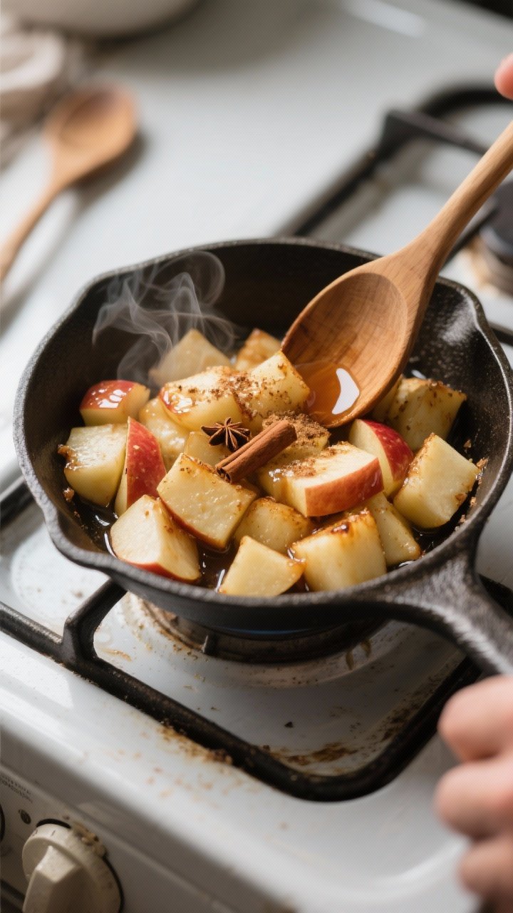 Cooking process: Overhead shot of the “apple sauté hack” step—diced apples in a small skillet