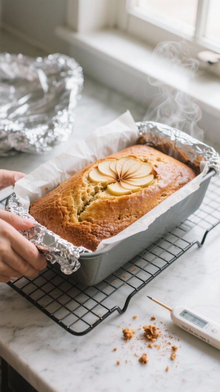 Cooking process: Overhead shot of the baked loaf cooling on a wire rack after being lifted from a pa