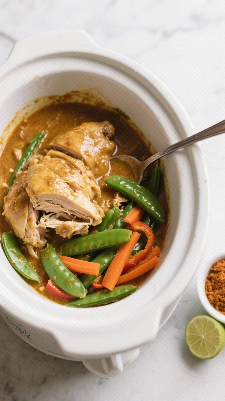 Cooking process: Overhead shot of the crockpot during the last 20–30 minutes, showing the sauce-co