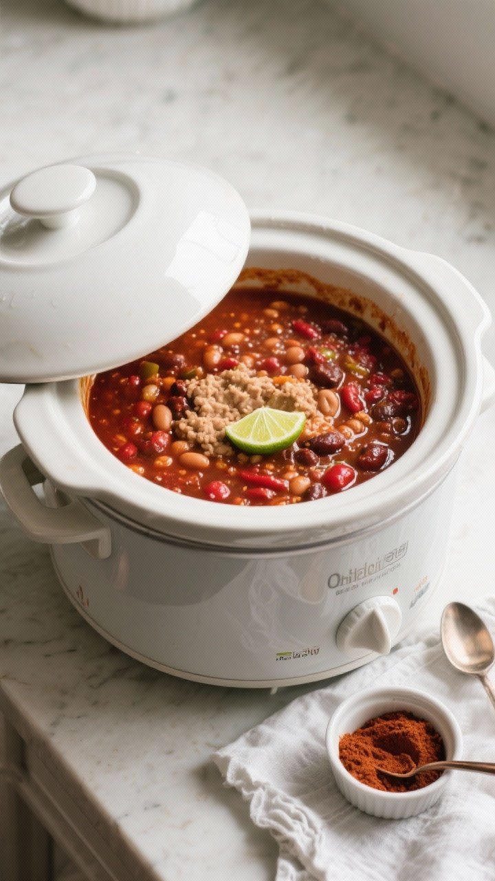 Cooking process: Overhead shot of the crockpot during the final 30 minutes with the lid off to thick
