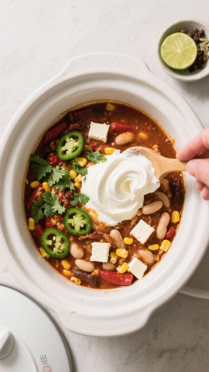 Cooking process: Overhead shot of the crockpot right after the creamy finish step, with cubes of sof