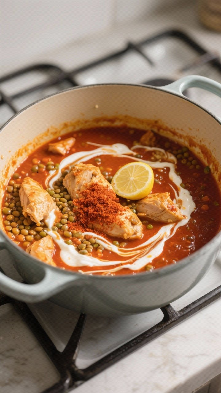 Cooking process: Overhead shot of the curry mid-simmer in a wide enamel Dutch oven after adding chic