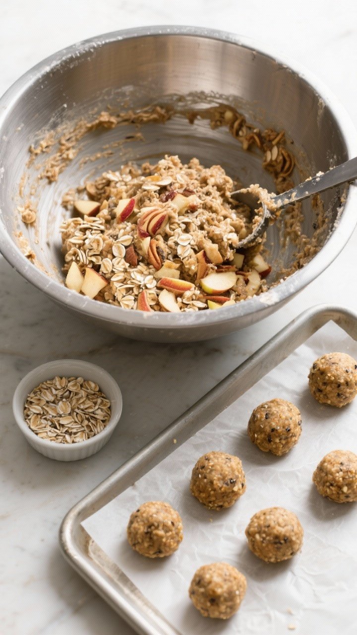 Cooking process: Overhead shot of the mixture just after pulsing and chilling, in a stainless mixing