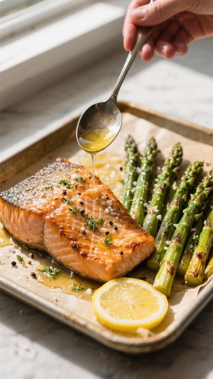 Cooking process: Overhead shot of the one-pan roast at peak doneness, salmon fillets skin-side down