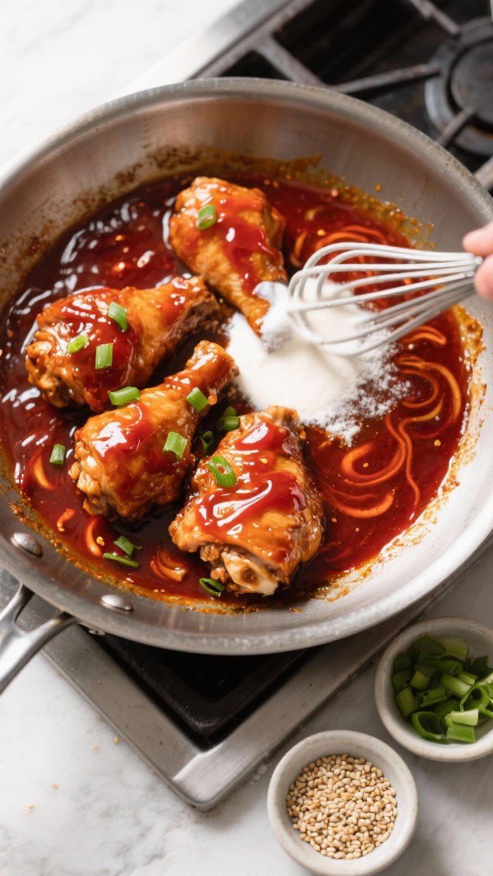 Cooking process: Overhead shot of the reserved honey sriracha sauce being thickened into a glossy gl
