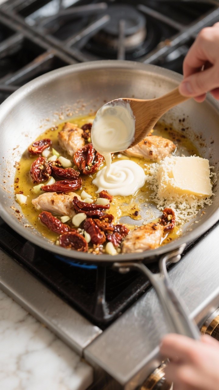Cooking process: Overhead shot of the sauce-building step in a wide sauté pan—sun-dried tomatoes