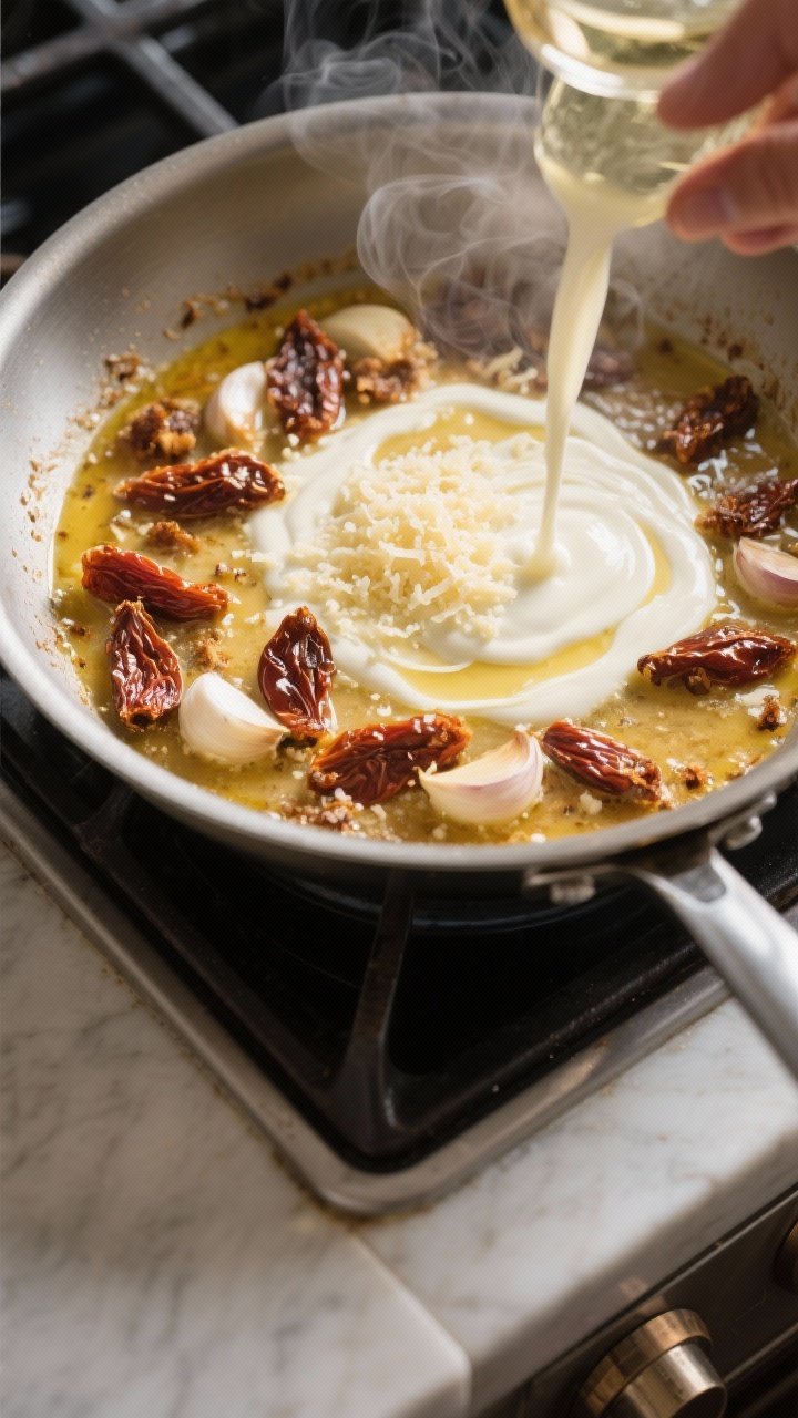 Cooking process: Overhead shot of the sauce-building stage in a wide skillet—garlic and sun-dried