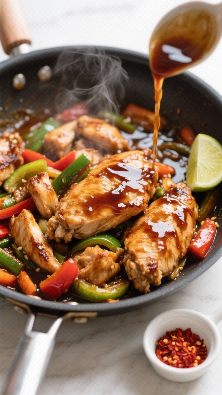 Cooking process: Overhead shot of the “sauce it up” moment in a large skillet—browned chicken 