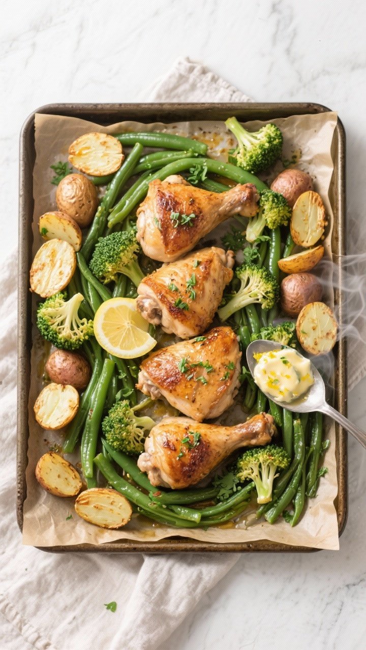 Cooking process: Overhead shot of the sheet pan after combining and roasting—center filled with br