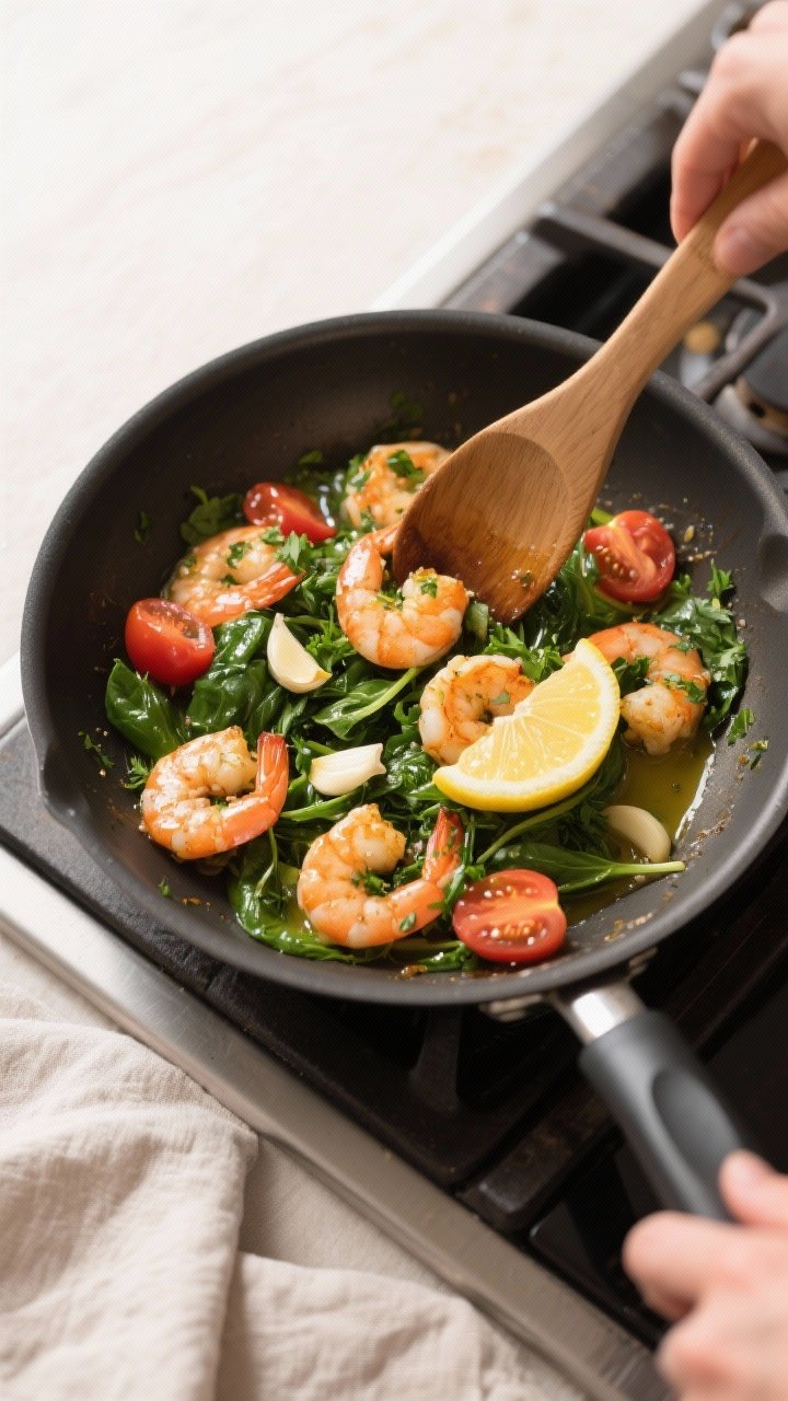 Cooking process: Overhead shot of the skillet just after finishing—shrimp returned to the pan with